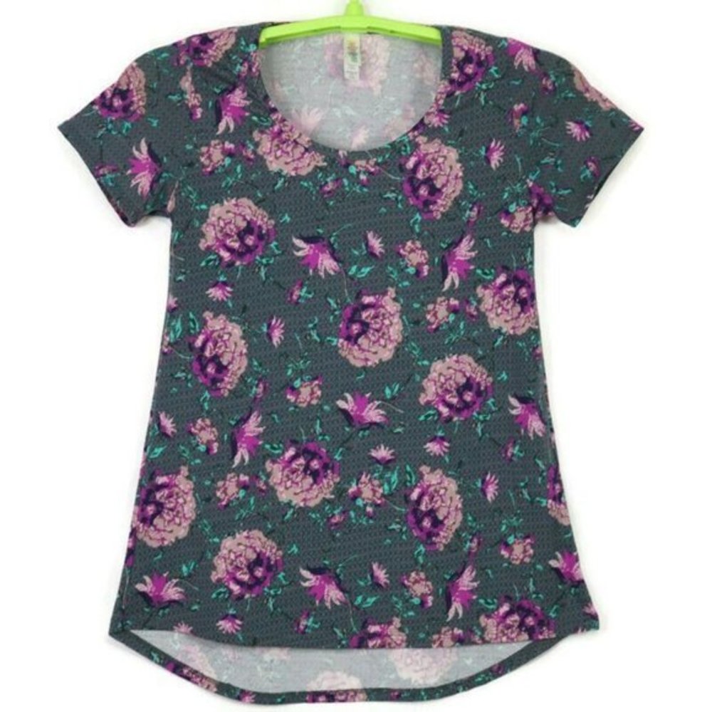 LuLaRoe Classic T Shirt Top Tunic‎ High Low Grey Pink Floral USA XXS
